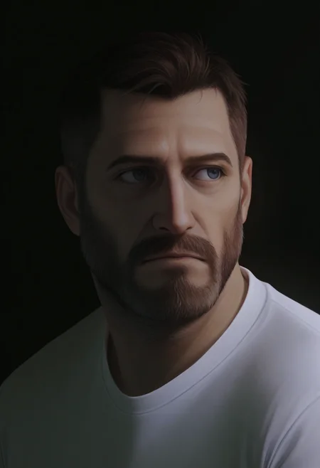 <lora:Thom_from_Love_Death_Robot_v0.2:1>
thomldr, 1boy, male focus, mature male, close-up, portrait, looking to the side, closed mouth, serious, short hair, brown hair, beard, blue eyes, facial hair, mustache, white shirt, t-shirt, dimly lit, dark background, photorealistic, 
BREAK
best quality, masterpiece, very aesthetic, absurdres, highest detailed,