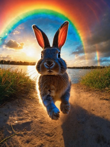comic (rabbit) is (running:1.05) to the viewer whilst Moulting,, (dynamic:1.1), sun rays,, (taken by 7.5mm fisheye lens:1.1) (looking to the right)
=
With a rainbow nebula background elements . Epic dynamic lighting .(2. Serene Lakeside Sunset)
=
=
((Vivid, HDR, Canon50, 8K,  Hyper Realistic, Dramatic, Epic, Dynamic Contrast, Cinematic Lighting)) (((Zoomed Out, Far away Shot)))
= 
  <lora:juggernautXL_version6Rundiffusion:0.8>  <lora:crystalClearXL_ccxl:0.8>
((Vivid, Epic, Dynamic contrast)) (((Zoomed out, Far away shot, In frame)), By art germ . graphic illustration, comic art, graphic novel art, vibrant, highly detailed