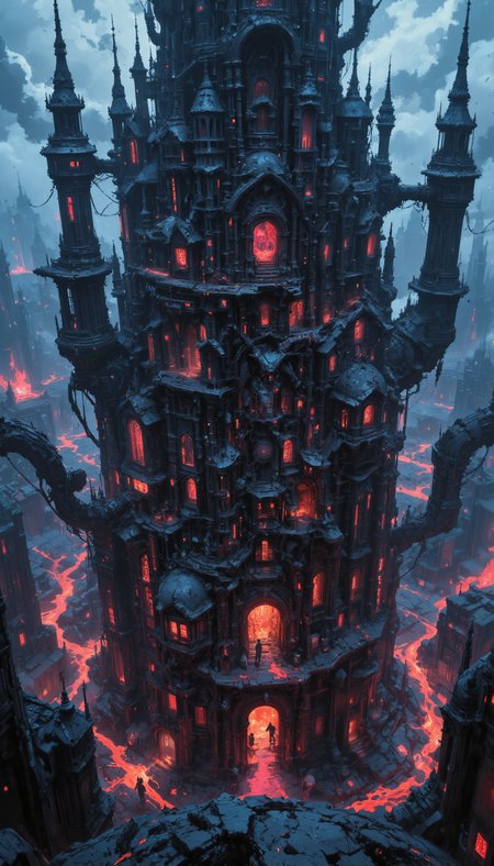 Bird's-eye view, ancient cyberpunk settlement, cyberpunk and gothic fusion. Intricate spatial composition, geometric planning, strategic shapes and organic patterns. Clustered gothic cyberpunk structures, neon lights, and bold gargoyle sculptures. Atmospheric interplay, ambient light, dynamic shadow, rich hues. Detailed architectural nuances, mosaic-like pathways, designed streets. Steampunk artifacts, monumental architectural details. Technical quality 8k, masterpiece, hyper-detailed imagery, intricate design, evocative textures, ethereal light, timeless narrative. <lora:flux-photo_v6:0.4> <lora:VividlySurrealOrigin:0.6> <lora:Magic_of_Art_(FLUX):0.6> <lora:42lux-UltimateAtHome-flux-highresfix:0.25>