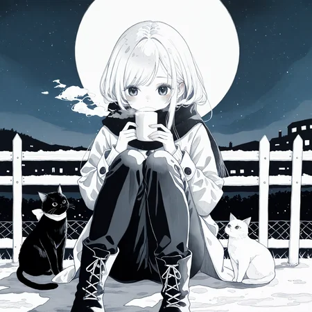 <lora:osetoiro_art_n16c16_nai_loha:1.1>,osetoiro art,
scarf,1girl,cat,sitting,night,solo,sky,moon,blush,night sky,knees up,boots,fence,outdoors,full moon,coat,traditional media,monochrome,long sleeves,pants,swept bangs,knees together feet apart,holding,steam,star \(sky\),long hair,breath,