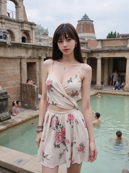 There are wonderful studio lights and various reflections,
18yo beautiful cute girl with blushing and female orgasm.skin naturally showing the texture of blood vessels and detailed pale skin,
--,
<lora:Nakajo_Ayami_f1:1>,she is Nakajo Ayami,
(Floral_wrap_top:1.5),(Midi_skirt:1.4),(Beaded_bracelets:1.3), She is in the center of the picture. Apart from her, all the other people in this ancient Roman open-air bath are ancient Roman men. It is beautifully decorated, the pool is steaming, and in the distance is the magnificent Roman Colosseum.,#ç½é©¬æµ´æ±