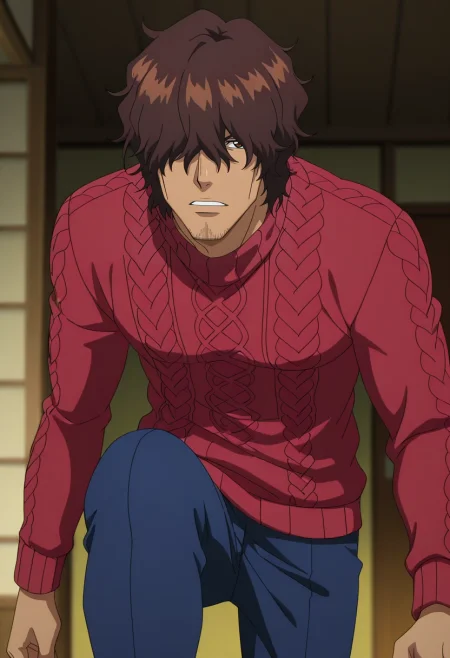 masterpiece, best quality, , anime screencap, anime coloring, official style, , depth of field, 1boy, solo, male focus, <lora:yasutora_sado_ilxl:0.9>, yasutora_sado, brown hair, brown eyes, short hair, , facial hair, stubble, hair over eyes, , Seersucker pants, Scallop Indigo Color-block sweater, , ,