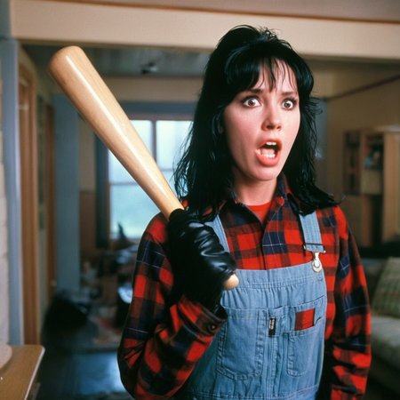 UHD, 4k, ultra detailed, cinematic, a photograph of  <lora:perfection style:0.5> <lora:detailed:0.5> perfection detailed
 <lora:The Shining film style:0.9>
 <lora:1980's style:0.4>
Wendy In the 1980's in the Colorado Rocky Mountains a scared worried wet hair woman holding a baseball bat in a room,1girl,solo,open mouth,shirt,black hair,long sleeves,holding,food,indoors,blurry,plaid,blurry background,turtleneck,realistic,overalls,plaid shirt,baseball bat , cinematic, film, kodak, The Shining film style, epic, beautiful lighting, inpsiring