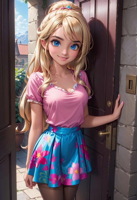 Vanellope, 1girl, long blonde hair, blonde eyebrows, blue eyes, pink blouse, (knee-length, flowered skirt), pantyhose, coy smile, standing in a doorway, watson_cross.