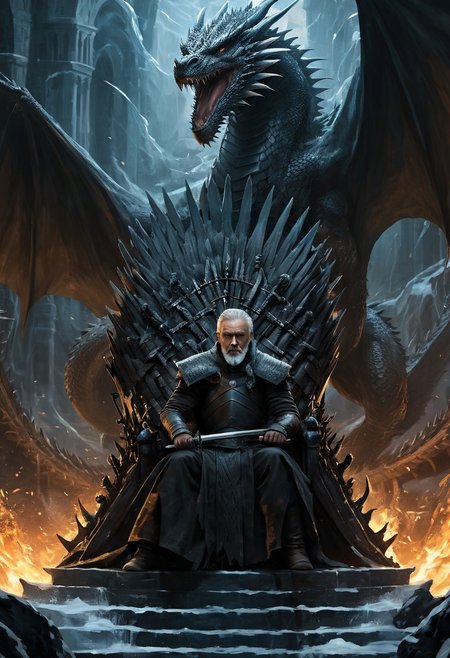 very long shot, (dragon:1.3), 1man, dragon standing behind man,  old man with a black hood, black robe , sitting on a throne, throne of swords, thousand swords throne, Game of Thrones, dragon looming over,  epic fantasy character art, concept art, fantasy art, (ice swirling:1.3), (fire swirling), ((best quality)), ((masterpiece)), detailed soft oil painting, detailed background, dramatic cinematic lighting, soft edge lighting, professional, ultra quality, 4k, extremely detailed, Game of Thrones style