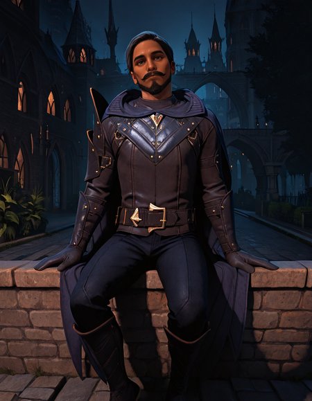 cinematic_depth, 8k, soft_lighting, warm_glow, ultra_high_quality, masterpiece, best quality, newest, perfect quality, best quality, detailed background, intricate details, male focus, solo, realistic, <lora:Dragon Age Veilguard - Viago de Riva - Illustrious 2_1-000006:0.7>,  dav_viago, 1boy, black hair, short hair, dark skin, beard, mustache, blue eyes, leather armor, hooded cloak, single pauldron, leather belt, leather gloves, leather pants, leather boots, outdoors, night, city, buildings, bridge, stone walkway, plants, trees, looking at viewer, sitting on wall, looking at viewer, head tilt, from side