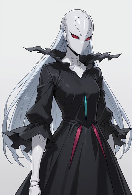 Smooth Quality,masterpiece,very intricate, high quality details, ultra realistic, high detailed skin,detailed enviorement,absurdres,
simple background, white background, 
front view,pain, winced eyes, tight jaw,,solo,
 <lora:Berettacnn:0.8>  beretacnn,1girl, long hair,red eyes, (mask:1.1), black dress,silver hair, doll joints, no humans, no mouth,