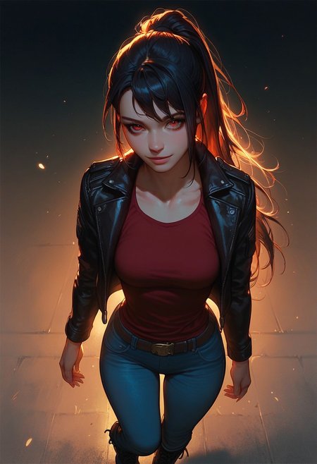 score_8_up, score_7_up , score_9, black hair, long hair, ponytail, solo, red eyes, dynamic lighting, medium breasts, leather jacket, red tanktop, jeans, combat boots,  standing, dynamic angle, night, (cowboy shot, face close-up, cheeky:1.2), knee up, leaning