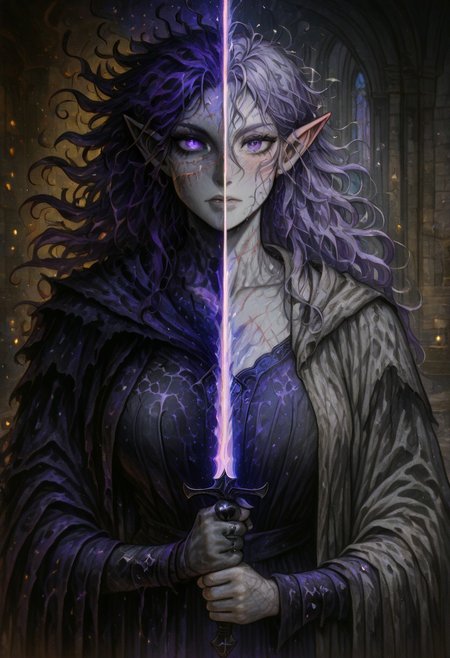 masterpiece, best quality, newest, absurdres, highres, 
DUSV1.0, split screen, split theme, dual persona, transformation, dark persona, holding sword, sword, holding weapon, holding, weapon,
1girl, goth, gothic, goth fashion, victorian, elf, coreset, messy hair, scar, scars, scar on face, robe, medival, medival clothing, mature, mature female,
Purple hair, Purple eyes, grey skin, colored skin, grey colored skin,