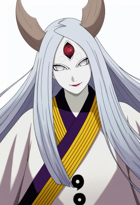 masterpiece, best quality, very aesthetic, absurdres,
1girl, otsutsu kikaguya, grey hair, long hair, grey eyes, third eye, horns,
kimono, pale skin, red lips,
upper body,
smile, solo, looking at viewer, simple background, white background,    <lora:KaguyaOtsutsukiNoobXL_byKonan:1>