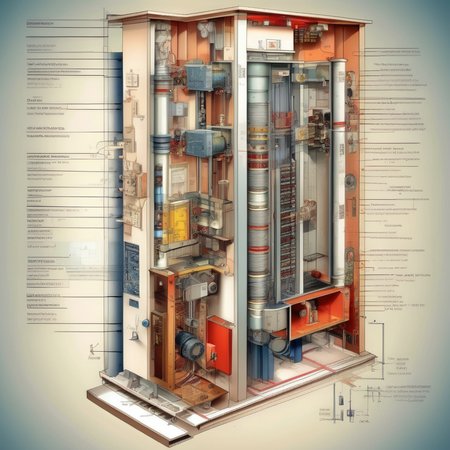 <lora:Isometric Cutaway:1>,Isometric Cutaway ,The electrical schematic diagram of the elevator is explained and the role of each electrical circuit is explained.