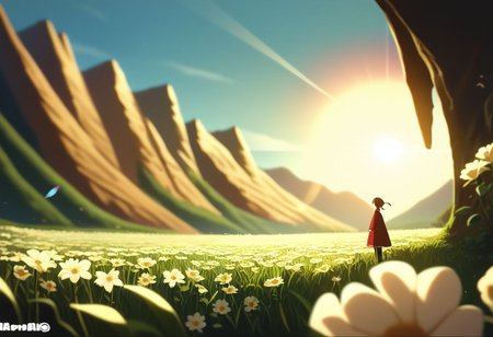 score_9, score_8_up, score_7_up, (masterpiece, best quality, ultra detailed, cohesive), Valley with Purple, Red and White flowers, Sky above with a single Pale Rainbow, highly detailed, rays of sunlight, small wispy clouds, extremely detailed, ultra-detailed, ultrarealistic, hyperrealism, photorealistic, Film Grain, Depth of Field, Lens Flare