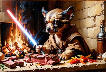 puppy wolverine Obi-Wan, grilling beef on light saber, 
Oil Painting, 
(Renaissance Paintings, Renaissance style, beautiful, painterly, detailed, textural, artistic),  (((intricate details, highly detailed, ultra-detailed, absurdres))), (unreal engine, octane rendering, Anti-Aliasing, sharp focus, natural lighting, high saturation, high contrast, vivid, vibrant, studio lighting, best texture quality), beautiful detailed scenery,