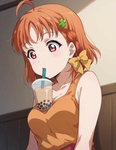 score_9, score_8_up, score_7_up, source_anime, <lora:chika-takami-s2-ponyxl-lora-nochekaiser:1>, chika takami, short hair, hair ornament, red eyes, bow, braid, ahoge, hair bow, orange hair, side braid, yellow bow, clover hair ornament,, <lora:bubble-tea-challenge-ponyxl-lora-nochekaiser:1>, bubble tea challenge, bubble tea, object on breast, drinking straw, drinking straw in mouth, drinking, cup,, indoors, sitting, looking down, , cowboy shot, dutch angle
