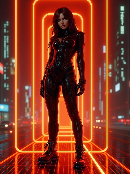 mad-cyberspace, woman, dynamic pose, orange glowing outlines, grid, cyberpunk, 1980s,  scifi, cityscape  <lora:Neon_Cyberpunk_Cyberspace_FLUX:0.6>