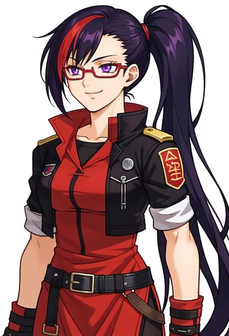score_9, score_7_up, source_anime, BREAK solo,  <lora:zs_FE10PortraitsXL:1> fe10portraits, portrait, white background,, smug smile, 1girl, purple eyes, red-framed eyewear, black hair, red colored tips, red streaked hair, very long hair, side ponytail, tied hair, medium breasts, red colored tips, jacket on shoulders, red dress, sleeves rolled up, fingerless gloves, holster, belt, multiple belts, combat boots, pants under dress, black coat,