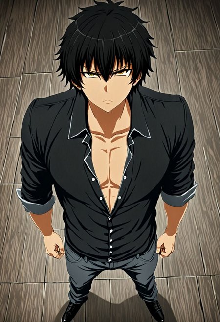 high resolution, solo, best quality, 1Boy, Seiya Kanie, black hair, short hair, thin, casual, seen from above, gangster, dominant, intimidate, OverallDetail