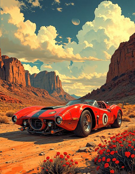 A retro-futuristic vibrant car with sleek, aerodynamic design and bold red color, parked in a vast desert landscape. The setting is bathed in warm, golden sunlight during the late afternoon, casting long shadows over the rocky terrain and dry vegetation. Vibrant red desert flowers and scattered bushes add contrast to the arid, sandy environment. Majestic rock formations rise in the distance under a dramatic sky filled with dynamic, fluffy clouds and a faint moon visible above. Cinematic lighting, high detail, sci-fi aesthetic with a touch of vintage style,