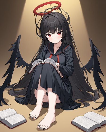 tsurugi \(blue archive\),1girl, halo, solo, boots_removed, black_skirt, barefoot, black_shirt, sitting, looking_at_viewer, wings, book, shoes_removed, full_body, toenail_polish, gun, black_footwear, long_sleeves, black_nails, long_skirt, knee_up, crossed_arms
<lora:tsurugi_(blue_archive)_image724_2023-11-28:1>halo. gorgeous,key visual, vibrant, studio anime,award-winning, professional, highly detailed,high budget, cinemascope