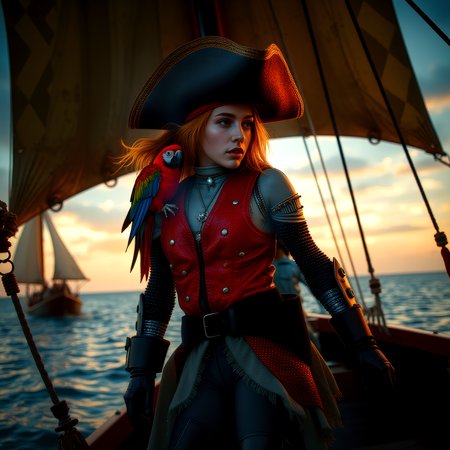Piratepunk style, Piratepunk style, (notoriousfisherman's hat pirate) lean, light chestnut hair with hairbun, brown eyes, wearing a pirate wearing a pirate hat, red leather vest with polka dots, leather boots, barefoot, shoulder parrot,, set in a pirate ship sailing through calm waters, with billowing sails and a crew of swashbuckling pirates , at sunset. Swashbuckling, adventurous aesthetic with pirate-inspired elements, high-tech machines, and futuristic technology.  <lora:scifi/fluxPiratePunk_v1.safetensors:0.6>,  <lora:scifi/fluxPunk_v1.safetensors:0.8>,  <lora:scifi/RM_Robotify_v0.7M.safetensors:0.8>, Cyborg, Exosuit, Mecharmor, Robot, Mech, Power Armor, Heavy Mech, futuristic, tactical <lora:scifi/Neon_Cyberpunk_Detailer_FLUX_multi_trigger.safetensors:0.8>, mad-cbrpnk-dtlr,.  Swashbuckling, adventurous aesthetic with pirate-inspired elements, high-tech machines, and futuristic technology.