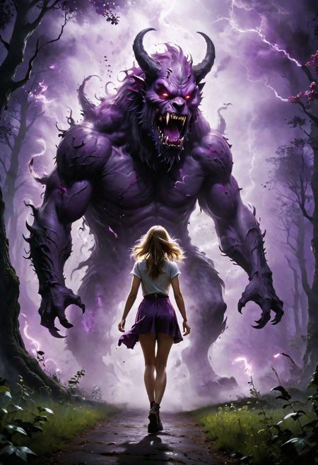 a beautiful white girl is walking through the park at night, She senses that something is following her, (behind her appearing from the shadowy mist is a scary beast, she tries to run away from the beast, the beast has hold of her arm, purple DEVIL SPAWN