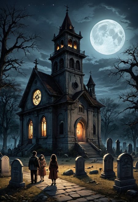 masterpiece, best quality,
digital artwork of creepy old church, 3 kids in Halloween costumes holding flash lights,
japanesehorrorclassics,
full moon, night, cosmic rays, haunted place, abandoned old church, graveyard, giant bell tower, wide shot, old trees, forest background, tombstones, scary, paranoia, feeling like someone is watching you, ruined, dirty, cemetery, fear, dread, 
(low angle:1.3), focus on old tower,
cinematic, horror, creepy atmosphere, intricate, detailed, rays of light,