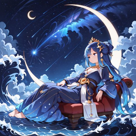 lazypos, character focused, anime girl, golden jewelry, deep blue hair, celestial eyes, reclining pose, moonlit sea, starry sky, flowing waves, ornate accessories, exotic outfit, mystical charm, glowing highlights, shimmering skin, fantasy horizon, nighttime setting, elegant design, vibrant colors, crescent moon, dreamy atmosphere, shooting star, KoyankoStyle