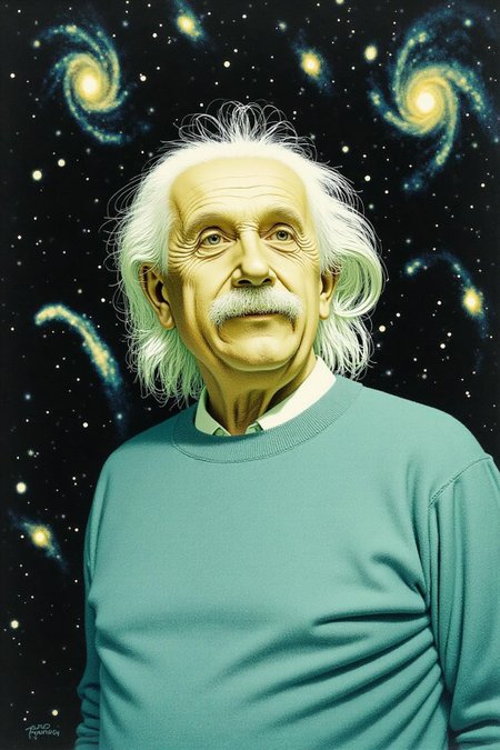 jeanleonhuens1 illustration.
Albert Einstein, a scientist, is wearing a light blue sweater over a white collared shirt and stands in front of a cosmic scene with several galaxies and stars. <lora:jeanleonhuens1_ap_d6a3e12:1.0><lora:844821789688332975:0>