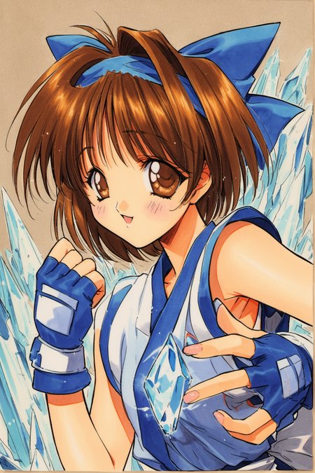 Rimururu,1girl,solo,1990s (style),retro artstyle,brown hair,brown eyes,bow,fingerless gloves,gloves,blue hairband,short hair,blue clothes,ainu clothes,ribbon,ice,crystal,traditional media,<lora:Aoi Nanase_XL:0.9>,