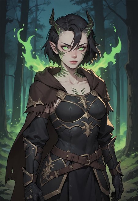 safe_pos, ((zPDXL3)), score_9, score_8_up, score_7_up, score_6_up, score_5_up, score_4_up,
1girl, solo, Adult Woman, Slender Build, pale skin, short hair, wild hair, hair between eyes, looking at viewer, pale green eyes, slit pupils, black pupils, plain expression, medium breast, black hair, (extremely detailed face and eyes), closed mouth, collarbone, outdoors, tree, night, nature, leather armor, forest, in tree, hood, fur cloak, horns, neck scales, sholder scales, casting spell, green energy, green ball, glowing green fire, black scales, black dragon, dragon girl,