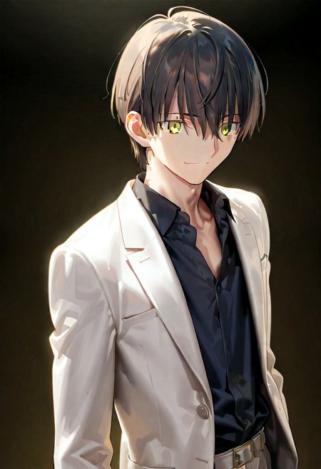 ((masterpiece, best quality, amazing quality, very aesthetic, absurdres)), 
Takeuchi takashi, ((solo)), calm, smile, closed mouth, 1boy, solo, peaceful, closed mouth, slim_build (((yagami_light face))), (((black hair, yellow eyes))), ((short hair, hair between eyes)), (((white suit, open suit, black shirt, collared shirt, black slacks))), no background, dark background, sideshot, cowboy shot, dark background, portrait,