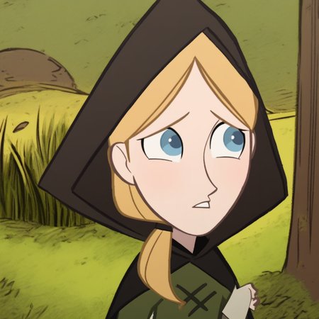 score_9, solo, robingoodfellowe, blonde hair, ponytail, blue eyes, hood, cape, outdoors