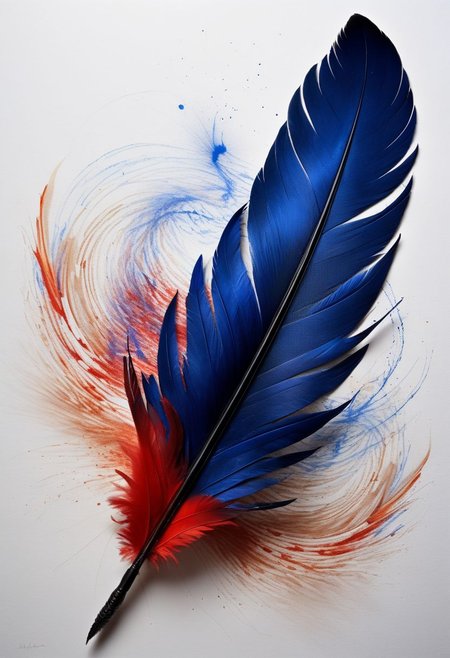 mysterious phoenix feather gliding through the air, single drop of deep blue ink dropping from the tip of the feather into a half full quill while an old piece of paper with beautiful writing and burning edges is hovering in the middle of it all, backlit glorious feather, fading blue red background, by Minjae Lee, Carne Griffiths, Emily Kell, Steve McCurry, Geoffroy Thoorens, Aaron Horkey, Jordan Grimmer, Greg Rutkowski, amazing depth, double exposure, surreal, geometric patterns, intricately detailed, bokeh,  perfect balanced, deep fine borders, artistic photorealism , smooth,  great masterwork by Suiras  <lora:add-detail-xl:2>  <lora:Double_Exposure:0.5>