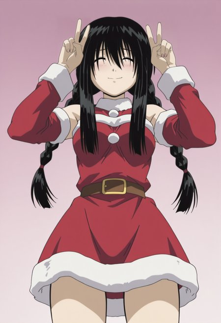 masterpiece, best quality, amazing quality, anime coloring, anime screencap,  1girl, solo, <lora:DX888OhnoIL:1> kanako ohno, black hair, long hair,  twin braids,  ^ ^ smile, blush, santa dress, BREAK   dynamic pose, simple background,   pink background pastel background, from below, double v,