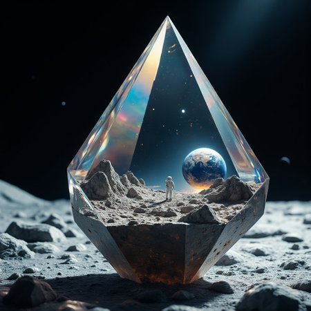 Improved cinematic photo, 35mm photograph, film, professional, 4k, highly detailed, aidmaMJ6.1,  
A crystal prism encasing a miniature lunar landscape,  
The crystal prism is geometrically perfect, with sharp edges and smooth facets, refracting the light in a dazzling array of rainbow hues. Inside, a small, detailed lunar landscape is contained, complete with rocky terrain, low gravity dust clouds, and a tiny, glowing Earth visible in the distant sky. A solitary astronaut figure stands, gazing at the horizon, their suit illuminated by a faint glow from a nearby moon crater.  
The crystal’s transparency gives the scene a surreal, dreamlike quality, as if viewing another world through a magical lens. Soft beams of light shine through the crystal, casting mesmerizing reflections and shadows on the surrounding space. The background is a muted cosmic expanse, dotted with stars and distant planets. The composition contrasts the cold, stark beauty of the moon with the warm glow of Earth, frozen in a timeless moment within the heart of the crystal.