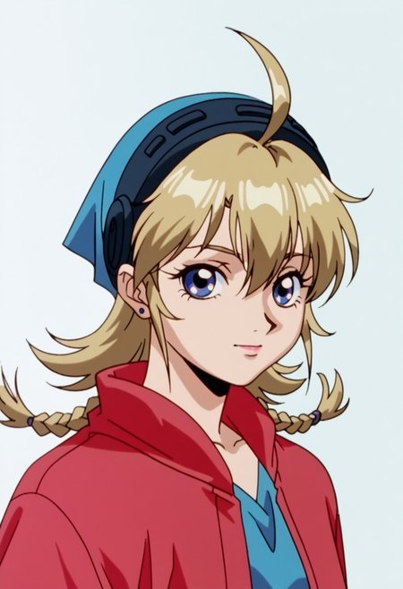 score_8, score_8_up, score_7_up, AWGXS, anime screenshot, retro artstyle,1990s (style), cel animation BREAK 1girl, female focus, solo, standing, looking at viewer, mana_utm, twin braids, flipped hair, ahoge, bandana, head-mounted display, portrait, rating_safe