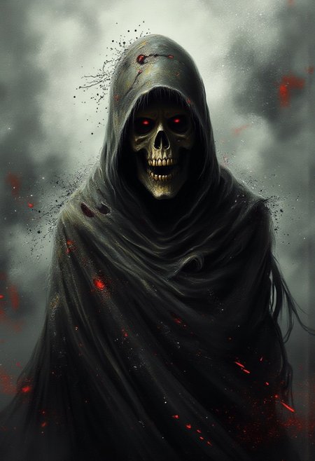 high quality, ultra detailed, colorful, abstract, bo-bioluminescent, bo-abyss, a highly detailed digital artwork depicting a dark, hooded figure standing in a foggy, rural setting, the figure is shrouded in a hooded cloak, which is draped over their shoulders and slightly obscures their face, creating a sense of mystery and dread, the cloak is made of a soft, silky fabric that drapes over the figure's shoulders, adding to its ethereal quality, the garment is intricately designed with gaseous textures and patterns, the figure's face is skeletal, implying some form of paranormal element, partial shadows and glowing red eyes give a mysterious feel while the bottom jaw and teeth are prominent and reminiscent of the grim reaper, the shot is a portrait of the figure and their menacing, gaping mouth and glowing red eyes, the background is blurred, but it appears to be a rural town, a misty, dark atmosphere, scattered dust particles are floating in the air, adding a surreal and forboding quality to the scene, the overall color palette is dominated by shades of black, with some hints of red and yellow, enhancing the sense of otherworldly eeriness, The scene has a dark, ambiance. The background features layers of glitch art, fragmented texts, and metallic textures. contrasting against the monochromatic tones of black, grey, and hints of red. Smudged paint and scratches add a sense of decay and technology