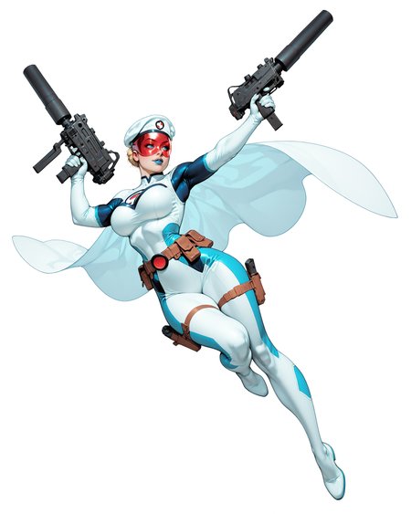 solo, (full body shot, wide shot:1.2), 1girl, (30 year old Russian woman:1.2), beautiful female cyborg spy, fair skin, (white with light blue accents superhero bodysuit with armor padding:1.3), white body armor vest, thigh pistol holsters, white cloak, white military beret, cyborg, cybernetic seams, utility belt, blue eyes, epic red visor, blonde hair, hair bun, white arm length gloves, slim waist, (toned body:1.1), (large breasts:1.2), wide hips, ultra detailed face, (blue lips:1.2), confident closed mouth smile, strong jaw line, white thigh high superhero boots, (shooting a mac-10 machine pistol with a suppressor:1.2), white background, (dynamic pose, dynamic composition, dynamic angle:1.2), digital painting, masterpiece, best quality, very awa, absurdres, 8k, comic art style, detailed,

ArsMJStyle, Colored pencil hyperdetailed realism, masterpiece, very aesthetic, G0thicL1nes, C0M1C5 Style, c0m1c5 style, (borderless), cgstyle, SUP3RH3R0 Style, sup3rh3r0 style, comic art style, C0M1C5 Style, c0m1c5 style, SMG-0  