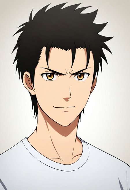 solo, 1boy, detailed_eye_model, easynegative, Soujirou Agata, Brown Eyes, Black Hair, T-Shirt, passport_photo_style, looking at viewer, angry, smile, focused gaze forward, plain background, straight body, head upright