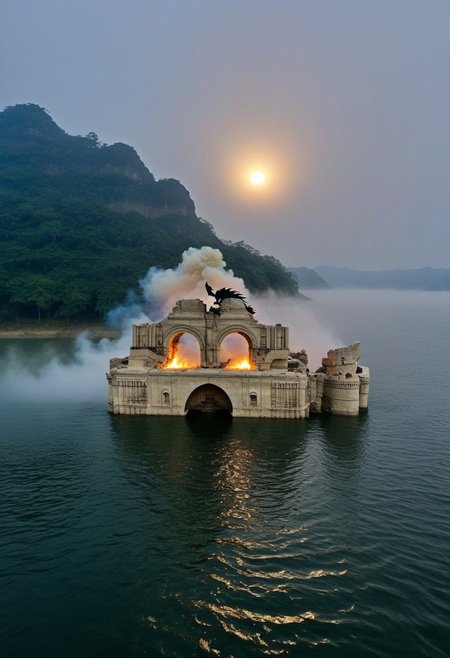 QU3CHULA, ruins, temple, water, full building view, lake FOG, DARKNESS, NIGHT, FULL MOON, TORCHS, SHADOWS, masterpiece, best quality, very aesthetic, absurdres
a giant black dragon big wings 4 legs 2 heads throwing one head throw fire other head throw poison inside the ruins  a group of warrior on a boat ready to fight, eagles flying