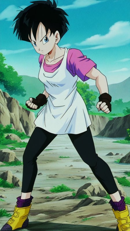 source_anime, masterpiece, best quality, amazing quality, anime screencap, high quality, 8k, absurdres, official style, 1girl, solo, looking at viewer, standing, serious, <lora:Videl_Z_iL:1>, v1d31 z, blue eyes, black hair, short hair, wt outfit, long tank top, pink undershirt, short pants, black gloves, fingerless gloves, yellow ankle boots,