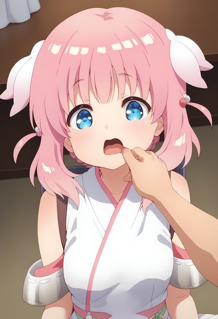 score 7 up, solo, 1girl, , <lora:PonyXL Prima Haizakura:1> pdhaizakura, blush, short hair, bangs, blue eyes, hair ornament, twintails, pink hair, , <lora:_sdxl-fingercandy-pony:1> fingercandy,,