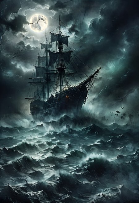 epic picture, ultra detailed illustration, very high quality, 8k, masterpiece, best quality, hyper detailed, (cinematic wide shot) , ultra intricately detailed textures, A dark and eerie ghost pirate ship emerges from the fog, black flag, skull pattern, moon, storm, hurricane, horror, creepy, lightning, greenish light