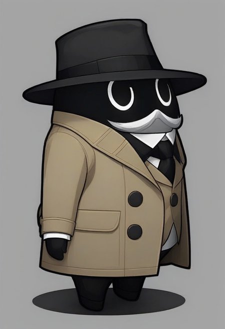 high quality,best quality, beautiful aesthetic, very intricate, high quality details, perfect details, best resolution, extremely detailed background, good_hands, masterpiece, uncensored, Expressiveh, 
 1other, bangboo, solo, simple background, black eyes, half white half black body, long trench coat, no humans, inkpot,  pen,