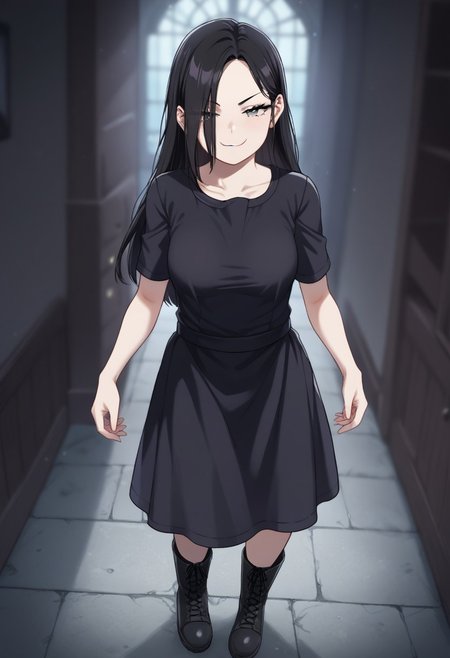 Expressiveh, score_9, score_8_up, score_7_up, source_anime, <lora:GreatM8_Style_XL_Pony_Revision:1>, greatm8 style, resident evil, Eveline, pale skin, 1girl, solo, smug, expressive eyes, grey eyes, black hair, long hair, hair over one eye, black dress, short sleeves, boots, perky breasts, petite, skinny body, (standing, sexy pose), (haunted house, basement, spooky, nighttime)
