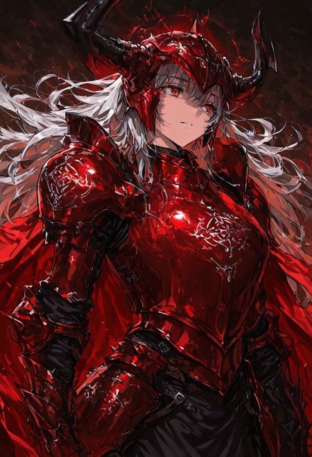 (masterpiece), (best quality), (ultra-detailed), amazing quality, very aesthetic, illustration, newest, upper body, colorful, vibrant, looking to the side, (oil painting:1.1), cinematic lighting, <lora:Avarice:1>, edgeofavarice, avarice, glowing silver runes, dark fantasy,
1girl, solo, cape, angelic_emblem_on_cape long sleeves, faulds, horned helmet, full_helmet, black and red armor, spiked armor, spiked gauntlets, spiked helmet, full_armor, full_plate_armor, winged_helmet, gold_armor, winged_shoulders, clawed_gauntlets, holy_emblem, segmented_faulds, tattered_cape, aura_of_hope, inspiring_presence, holy_glow, massive_blade, battlefield_setting, heavy_armor, silver hair