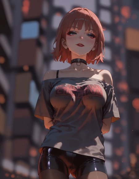 score_9, score_8_up, 1girl, (cool stylish tomboy), dystopian theme, (from below:1.1), head tilt, looking away, at day, (industrial construction:1.1), blurry foreground, arms behind back, (blushing:1.1), sunset in background, sweating, detailed glistening skin, 
BREAK 
vulnerable look, embarrassed smile, collarbone, half-closed eyes, large breasts, (slim attractive figure:1.1), concave stomach, (goth t-shirt, off-shoulder:1.1), tight leggings, thigh gap, choker, red lip gloss, sensual eyeliner, 
BREAK 
dramatic lighting, rusty construction site, (amazing quality, breathtaking masterpiece:1.2), (intricate detail:1.2), (bloom effect:1.1), depth-of-field, grime, (high contrast:1.1), light particles, EyeDetail, HairDetail, billowing clouds of smog, outdoors, rating_questionable, 
<lora:Pony_DetailV2.0:2>