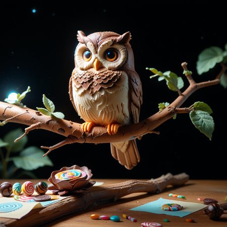 lazyup, owl, vxc4k3, feathered with layered crepe paper, perched on a caramel-drip branch, fondant moonlit night, candy-insects glowing, highly detailed edible woodland. <lora:vx_cake_pony:1.1000000000000003> <lora:TrendCraft_The_Peoples_Style_Detailer-v2.0A-3_13_2025-PonyXL:0.4000000000000001>