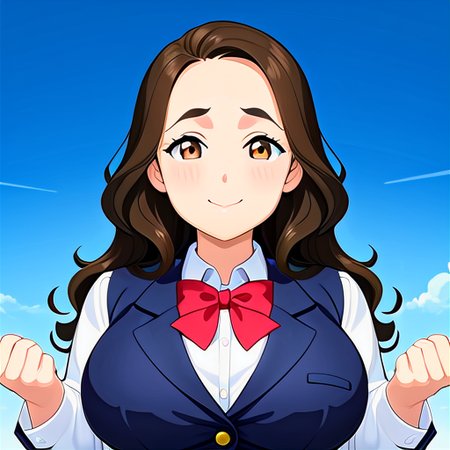 anime, best quality, (masterpiece:1.4), (high quality:1.4), sharp focus, 4k, absurd resolution, detailed hands, curly hair, long hair, (black hair:1.3), 1girl, mature female, smug, (parted hair:1.7), (round face), (no_bangs:1.3), (no_fringe:1.6), <lora:ETO_OC_XL:0.7>, looking at viewer, (thick eyebrows), sundress, (plump:0.8), round-chin, (greenish brown eyes), (brownish green eyes), big breasts, caucasian, down-turned eyes, blush, 1girl, forehead, <lora:printemps lovelive XL:0.8> winter uniform, blue blazer, summer uniform, yellow vest, casual,
