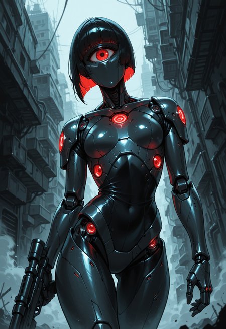 masterpiece, best quality, amazing quality,  high resolution, aesthetic, 1girl, solo, silent assassin, sci-fi horror android, uncanny humanoid, stealth unit, red details, sleek composite armor, ultra-thin waist, segmented armor panels, reinforced nanocarbon plating, smooth black faceplate, faceless, cyclops, robot eye, blunt cut metal hair, backlit in fog, robot body, creepy, sniper, stealthy pose, from angle,